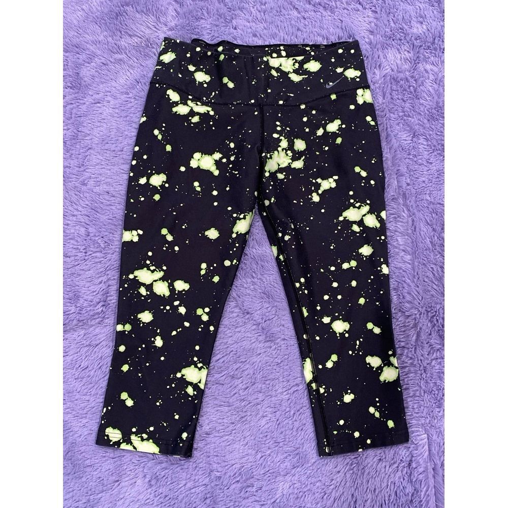 Nike Dri-FIT Legendary Leggings Womens Large Black Lime Green Splatter Capri L